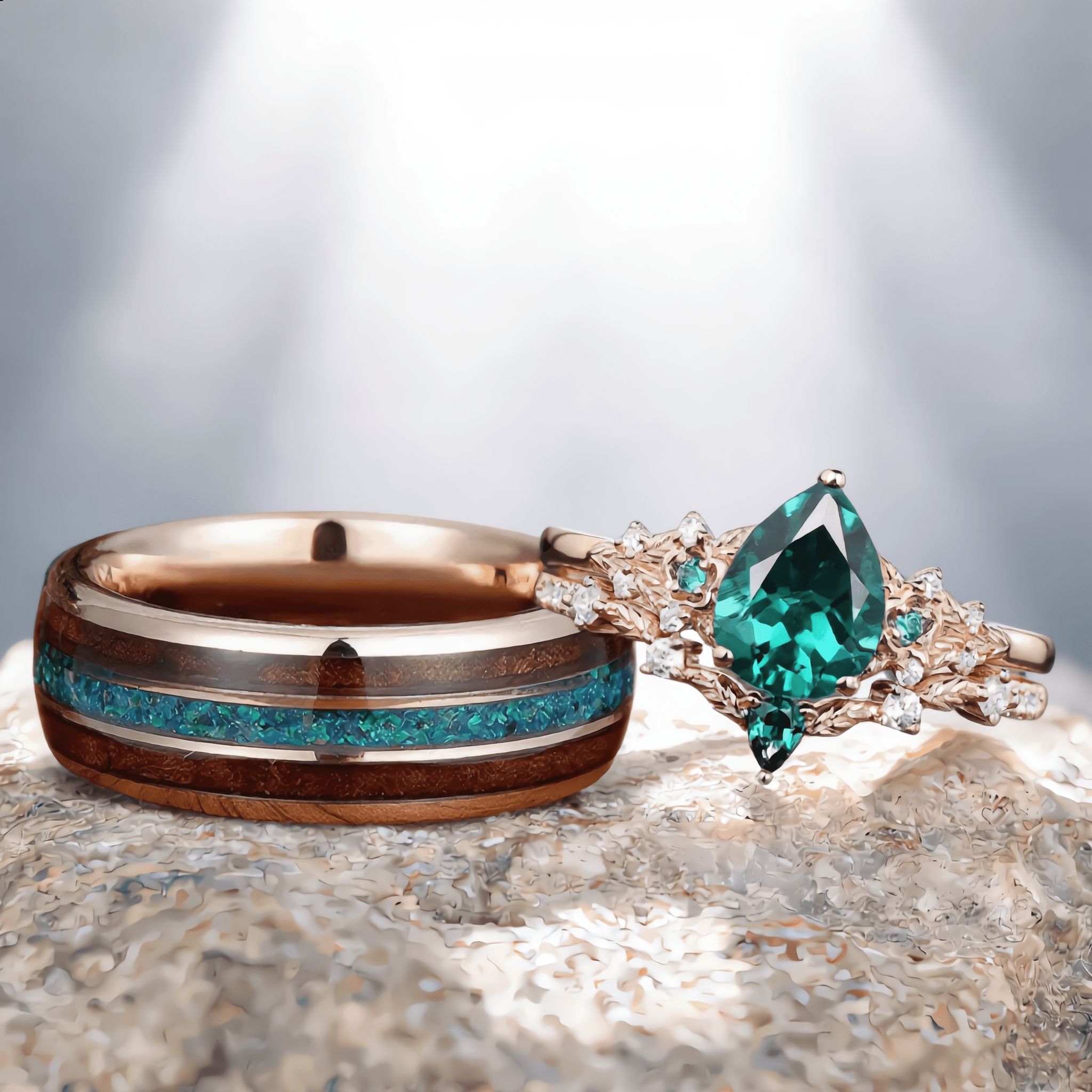 Rose Gold Fantasy Inspired Floral Leaf Bridal Set Unique His and Hers Rings Couple Ring - anerjuly