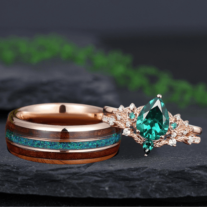 Rose Gold Fantasy Inspired Floral Leaf Bridal Set Unique His and Hers Rings Couple Ring - anerjuly