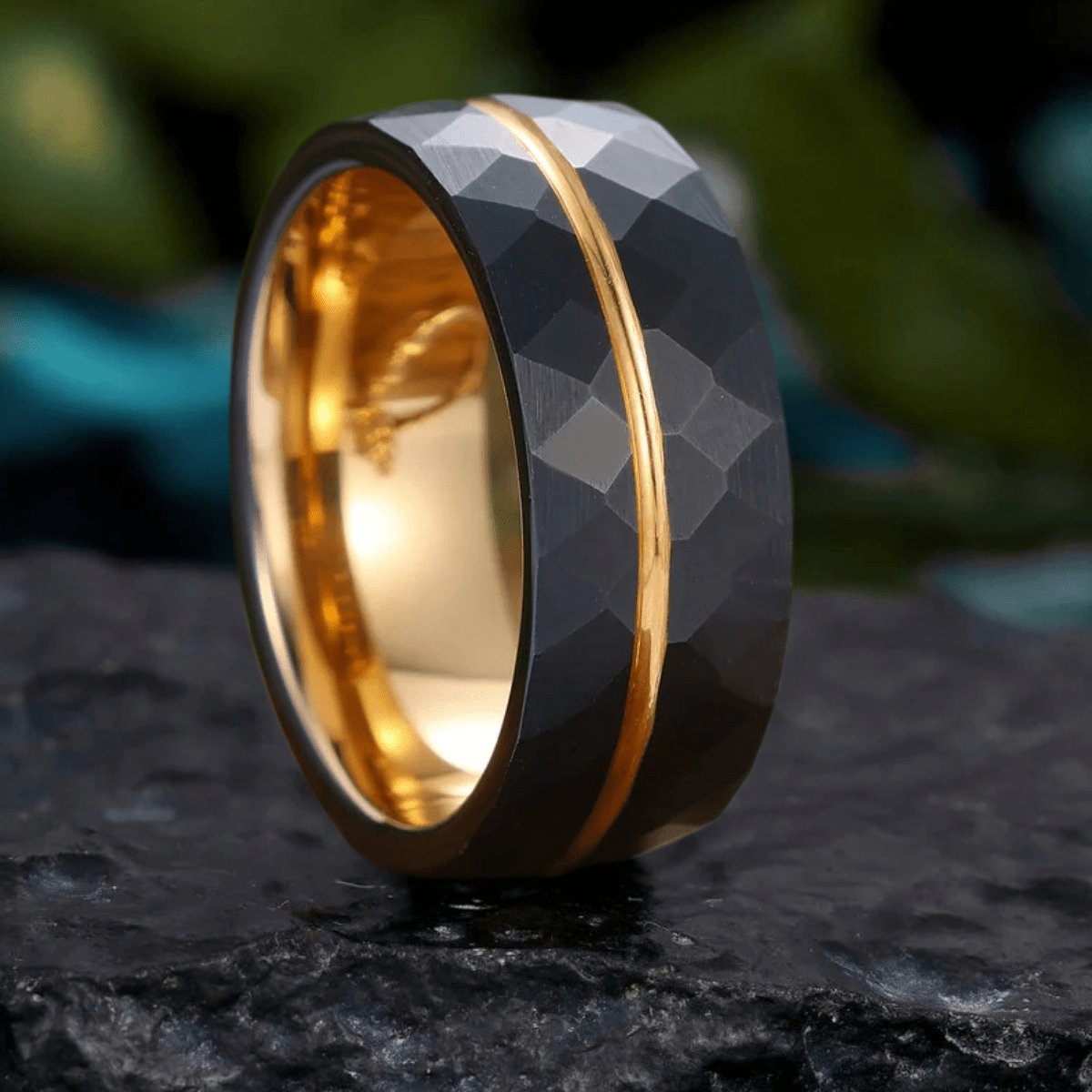 His Ring - Rose Gold Grooved Black Rhombic Tungsten Ring