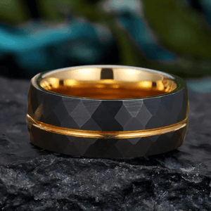 His Ring - Rose Gold Grooved Black Rhombic Tungsten Ring