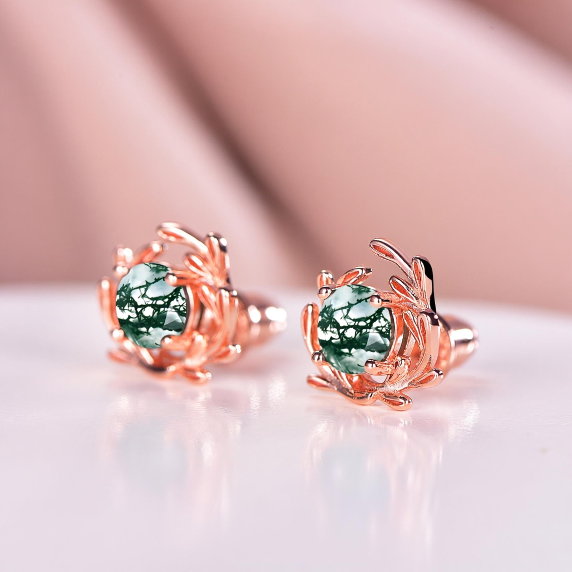 Rose Gold Moss Agate Earrings Vintage Sterling Silver Floral Studs - anerjuly