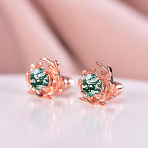 Rose Gold Moss Agate Earrings Vintage Sterling Silver Floral Studs - anerjuly