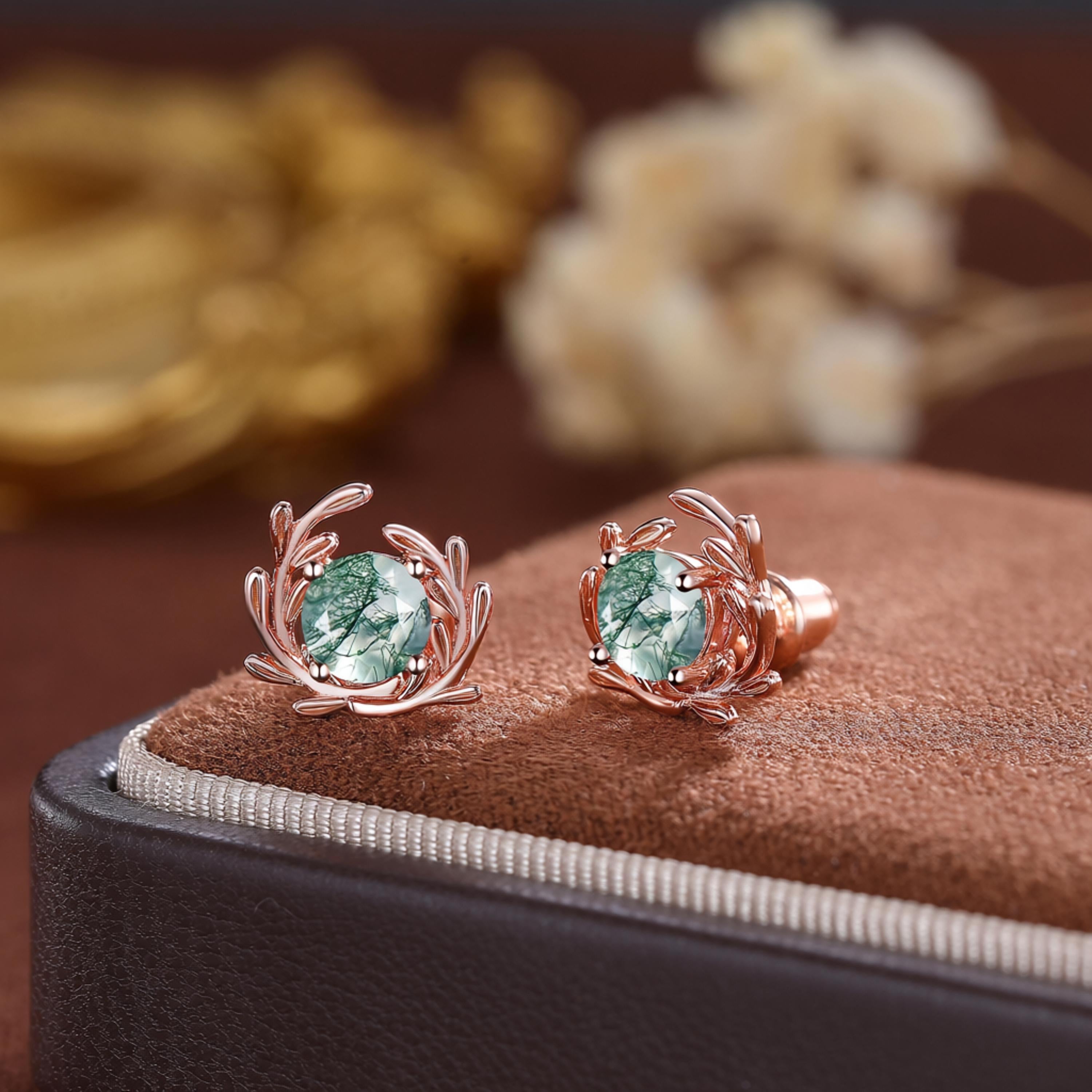 Rose Gold Moss Agate Earrings Vintage Sterling Silver Floral Studs - anerjuly