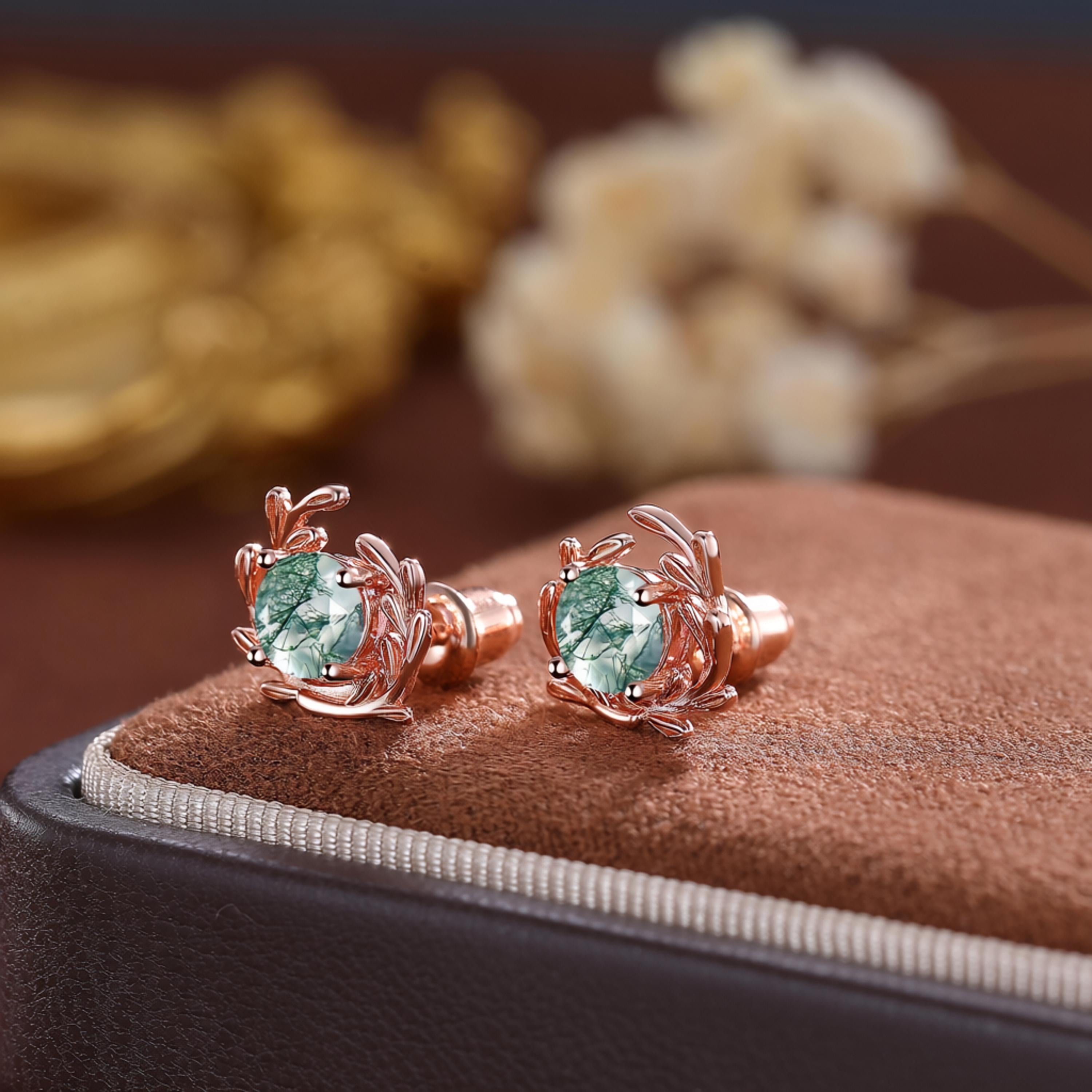 Rose Gold Moss Agate Earrings Vintage Sterling Silver Floral Studs - anerjuly