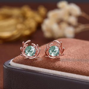 Rose Gold Moss Agate Earrings Vintage Sterling Silver Floral Studs - anerjuly