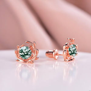 Rose Gold Moss Agate Earrings Vintage Sterling Silver Floral Studs - anerjuly