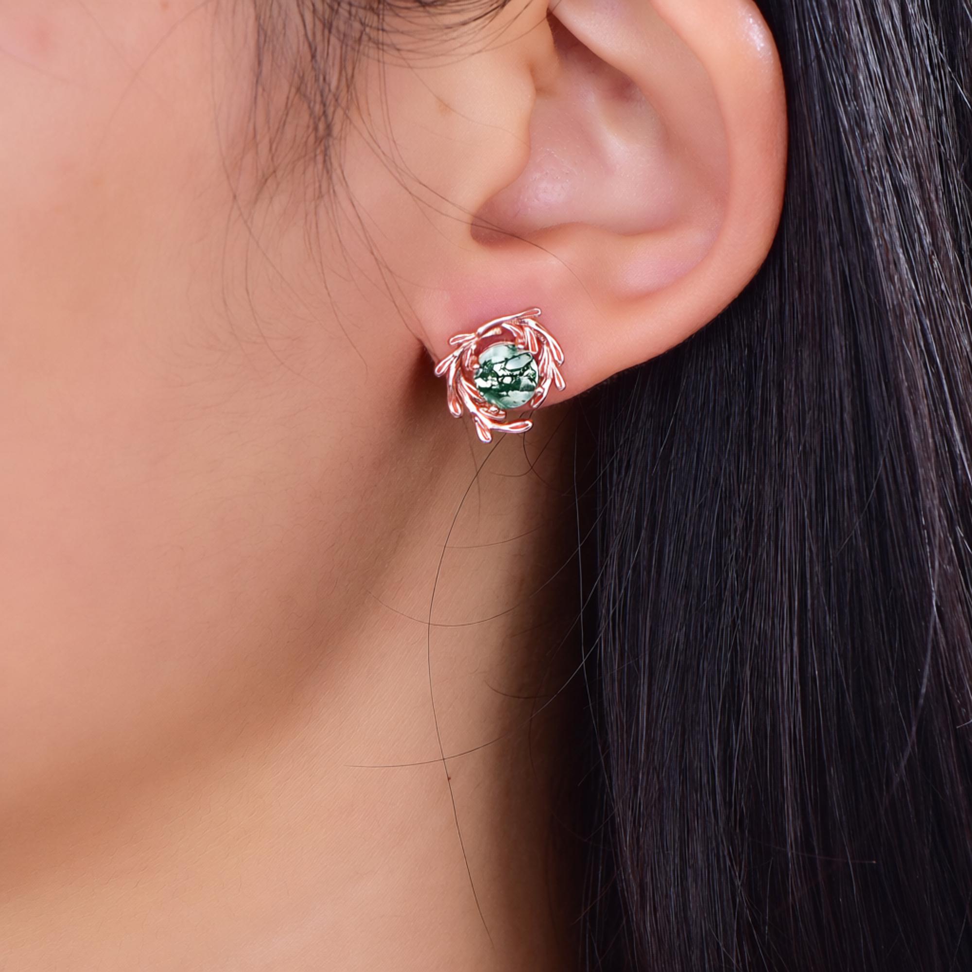 Rose Gold Moss Agate Earrings Vintage Sterling Silver Floral Studs - anerjuly