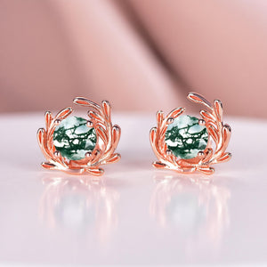 Rose Gold Moss Agate Earrings Vintage Sterling Silver Floral Studs - anerjuly