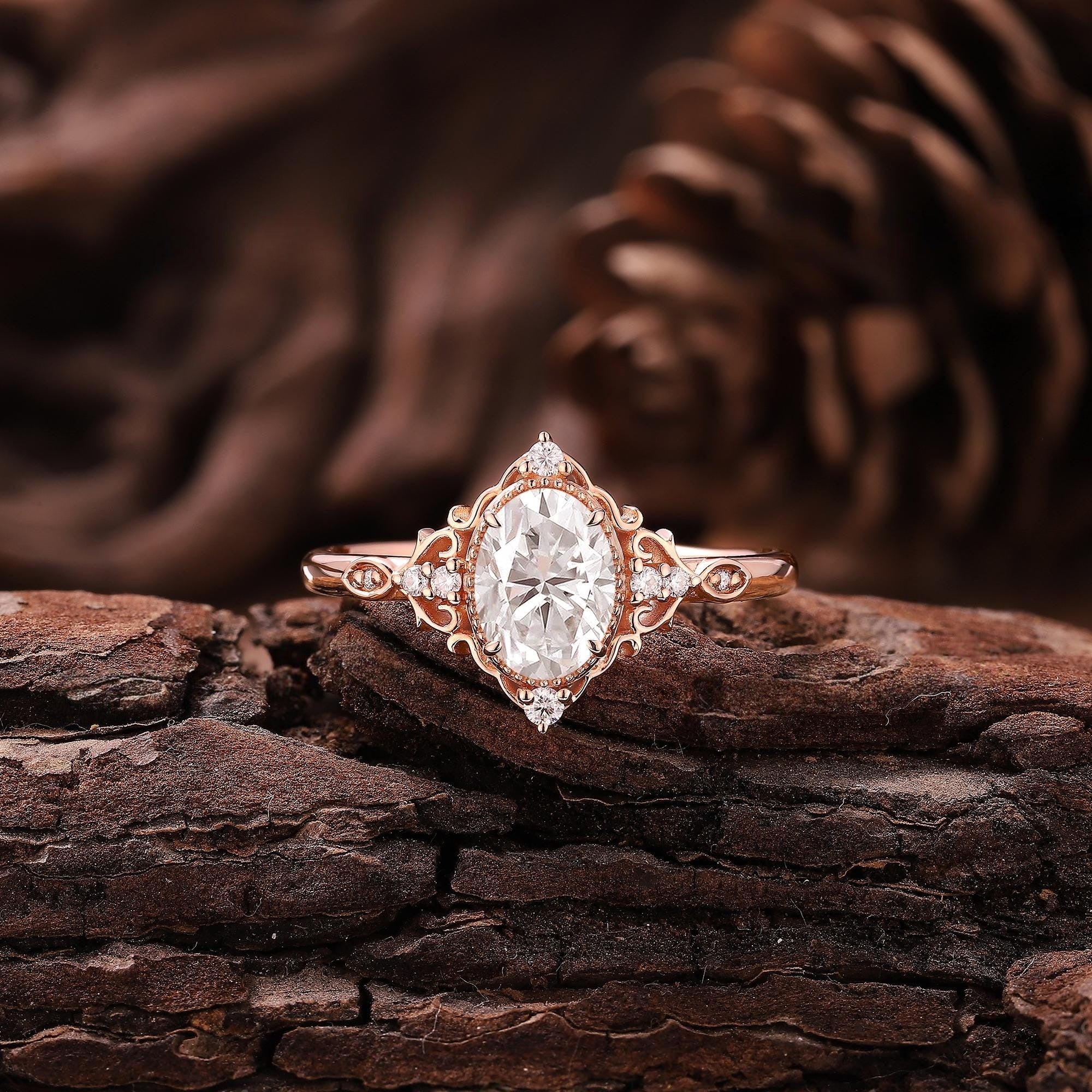 Rose Gold Oval Cut Moissanite Bridal Set Couple Ring Set His and Her Engagement Ring matching rings - anerjuly