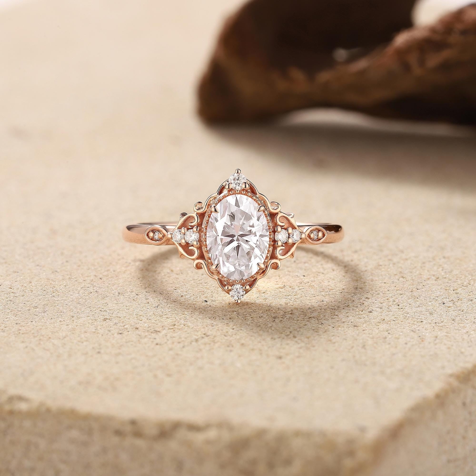 Rose Gold Oval Cut Moissanite Bridal Set Couple Ring Set His and Her Engagement Ring matching rings - anerjuly