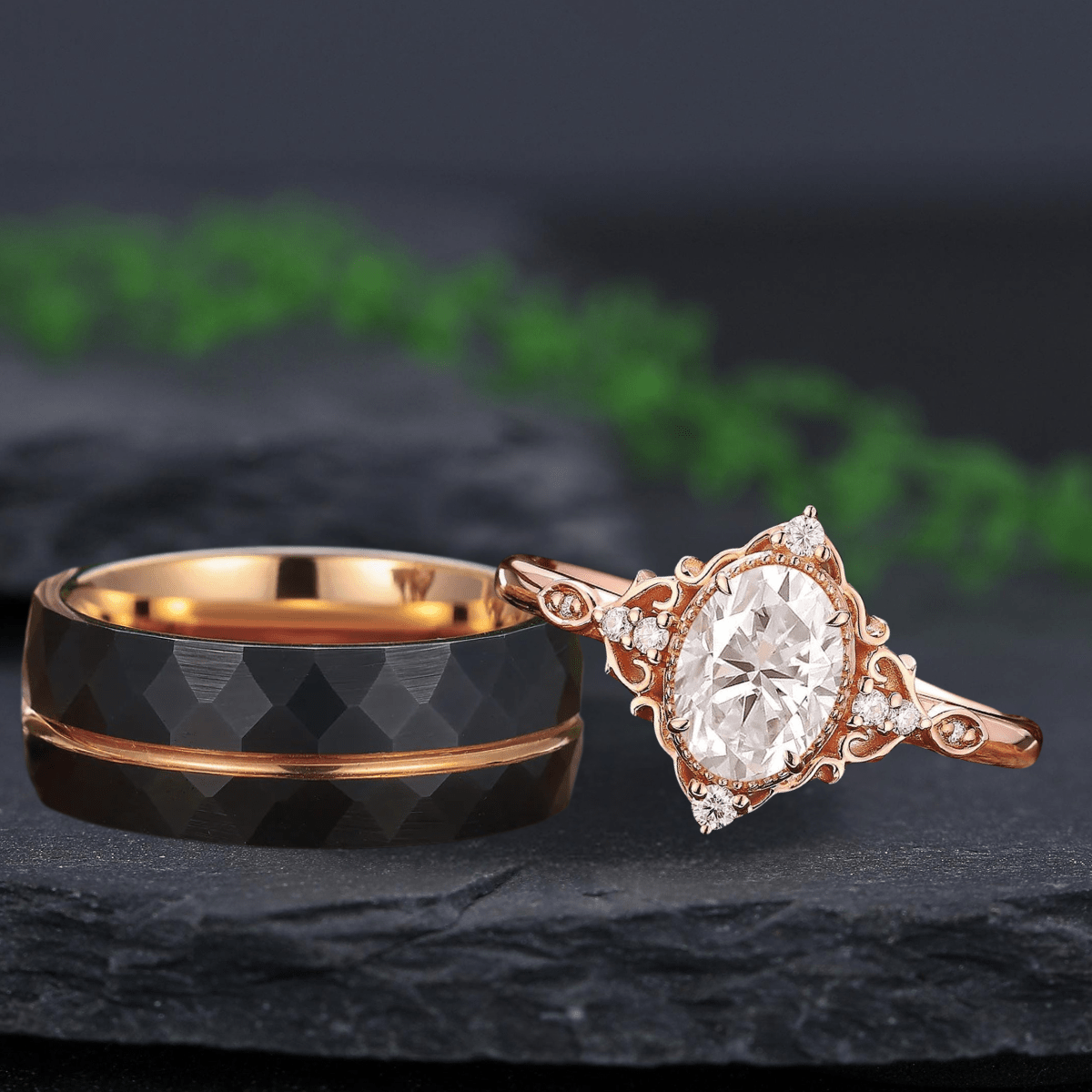 Rose Gold Oval Cut Moissanite Bridal Set Couple Ring Set His and Her Engagement Ring matching rings - anerjuly