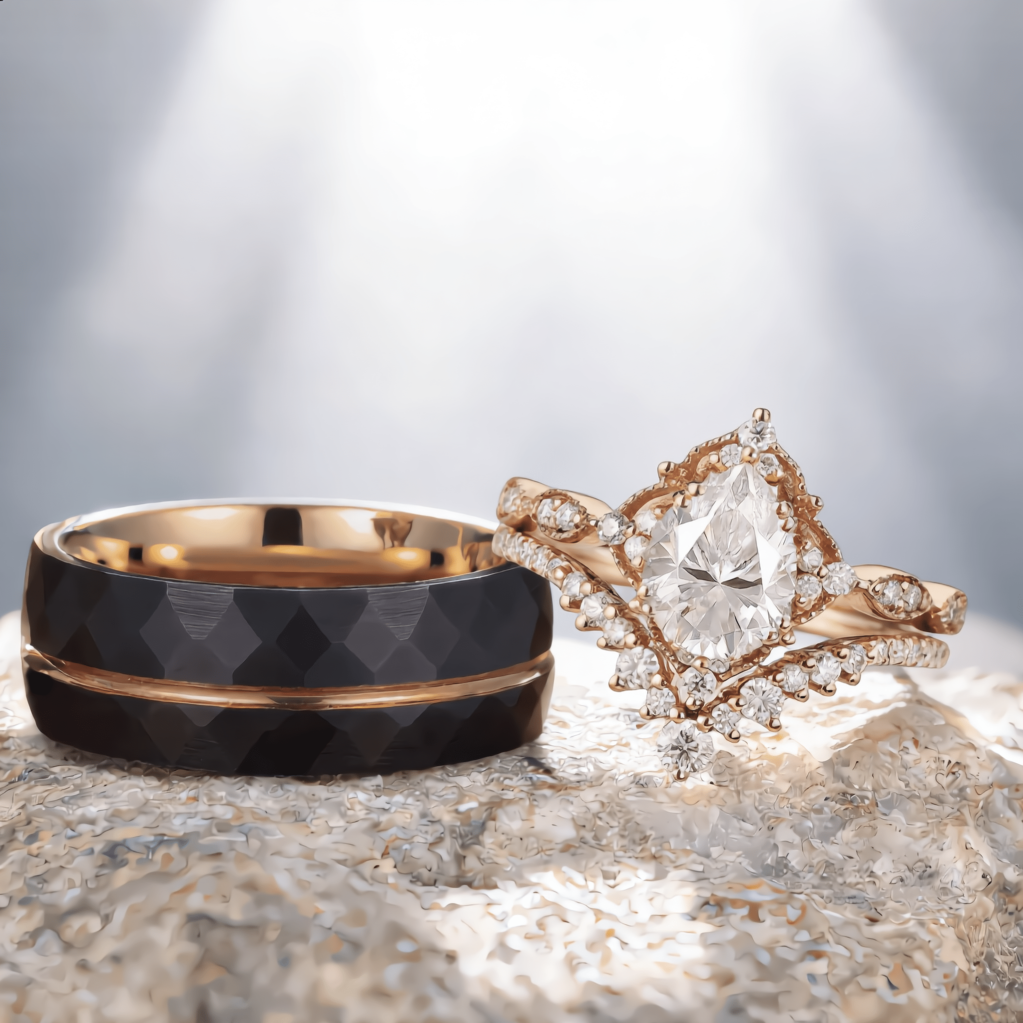 Rose Gold Pear Cut Bridal Set Couple Ring Set His and Her Engagement Ring matching rings - anerjuly
