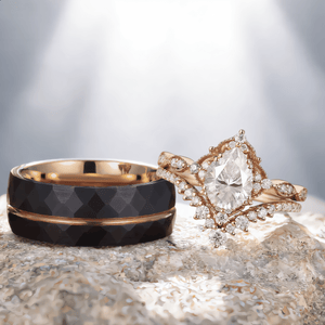 Rose Gold Pear Cut Bridal Set Couple Ring Set His and Her Engagement Ring matching rings - anerjuly