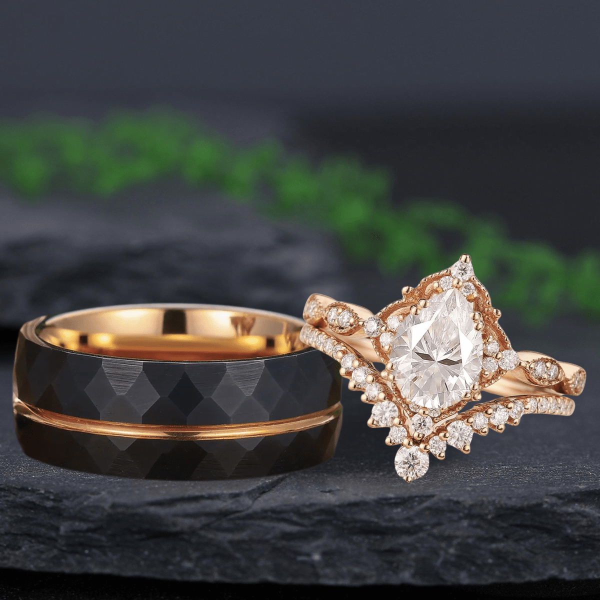 Rose Gold Pear Cut Bridal Set Couple Ring Set His and Her Engagement Ring matching rings - anerjuly