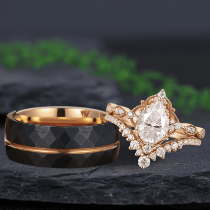 Rose Gold Pear Cut Bridal Set Couple Ring Set His and Her Engagement Ring matching rings - anerjuly