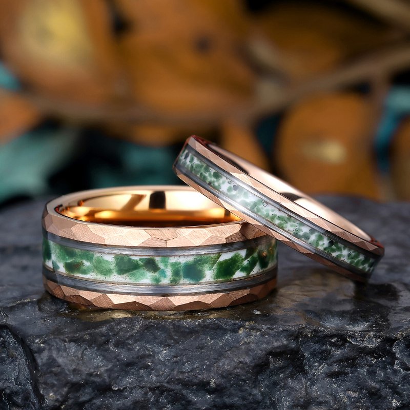 Rose Gold Plated Tungsten Wedding Band with Moss Agate, His and Hers Hammered Promise Ring Set - anerjuly