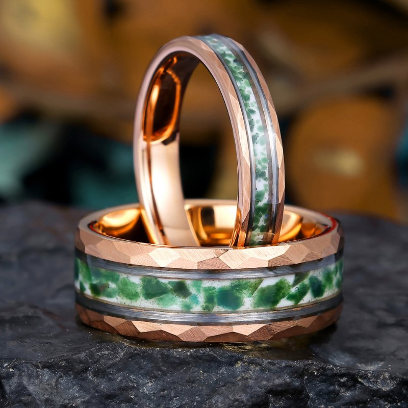 Rose Gold Plated Tungsten Wedding Band with Moss Agate, His and Hers Hammered Promise Ring Set - anerjuly