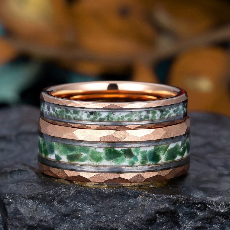 Rose Gold Plated Tungsten Wedding Band with Moss Agate, His and Hers Hammered Promise Ring Set - anerjuly