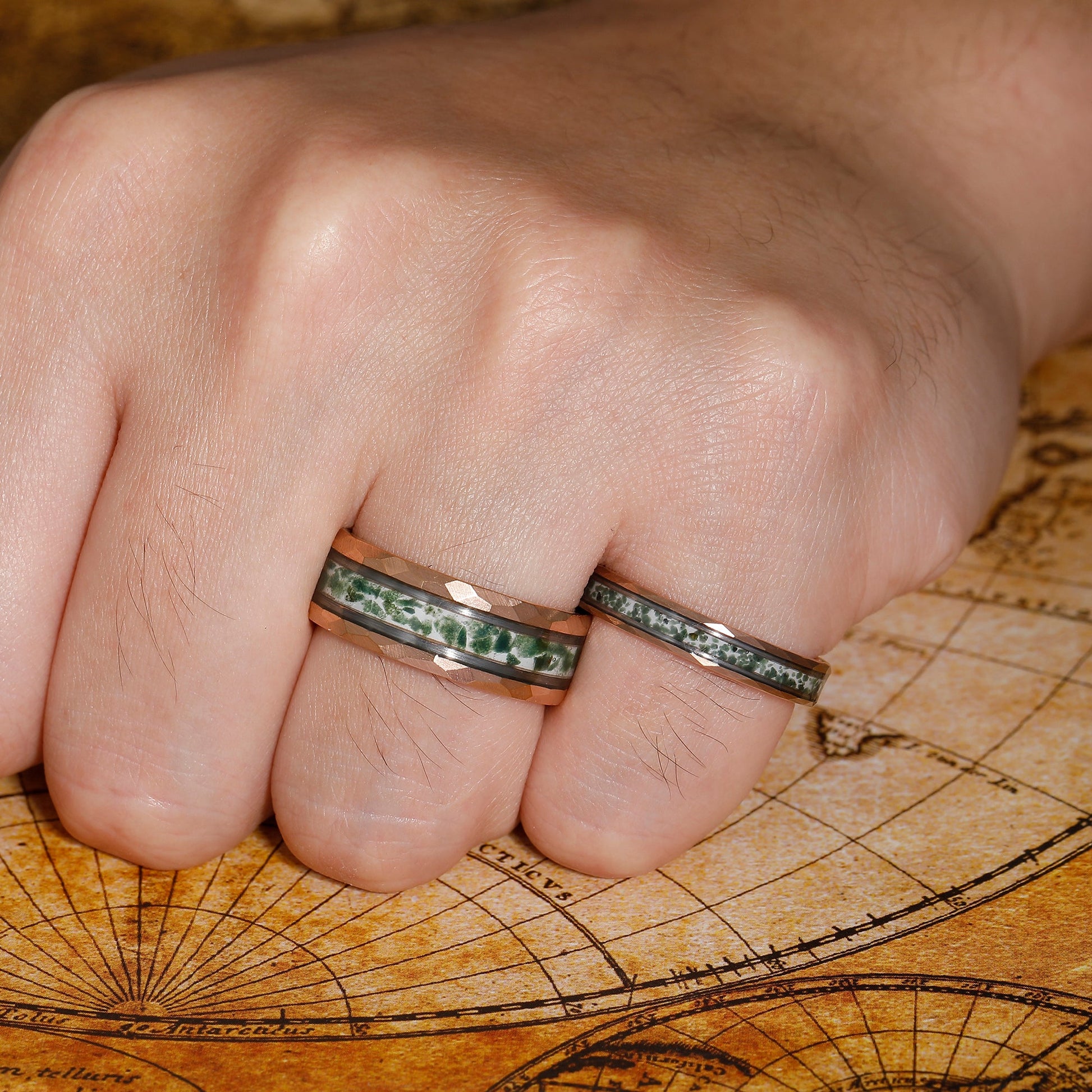 Rose Gold Plated Tungsten Wedding Band with Moss Agate, His and Hers Hammered Promise Ring Set - anerjuly