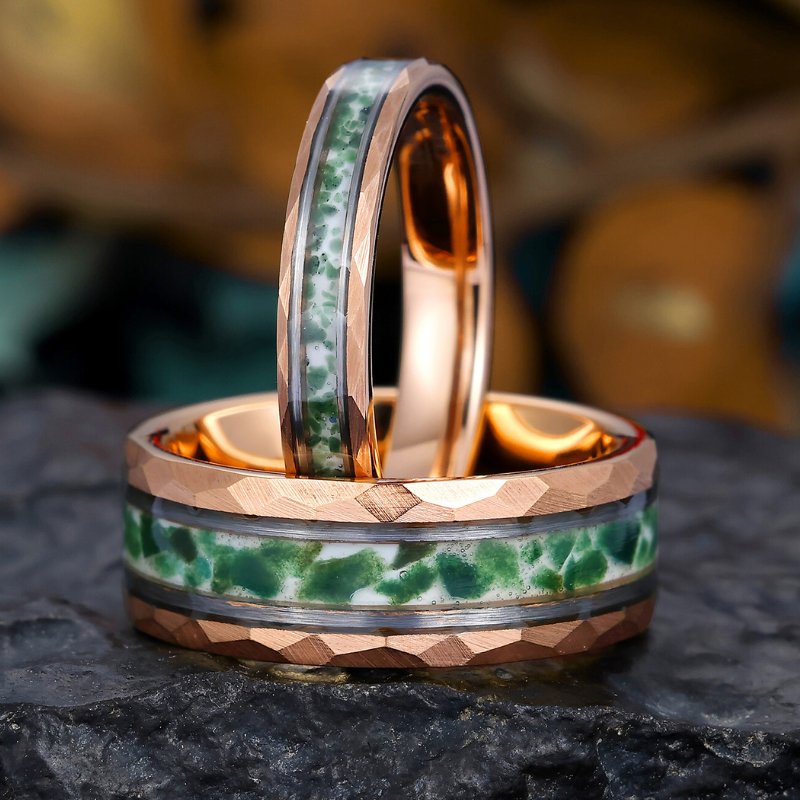 Rose Gold Plated Tungsten Wedding Band with Moss Agate, His and Hers Hammered Promise Ring Set - anerjuly