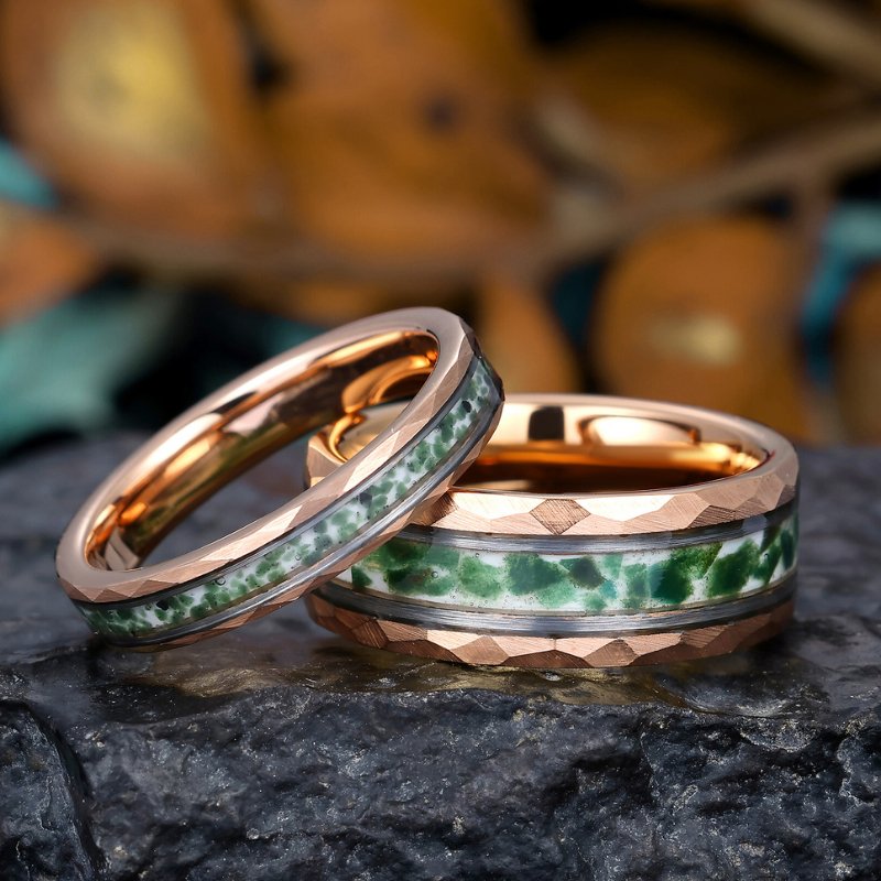 Rose Gold Plated Tungsten Wedding Band with Moss Agate, His and Hers Hammered Promise Ring Set - anerjuly