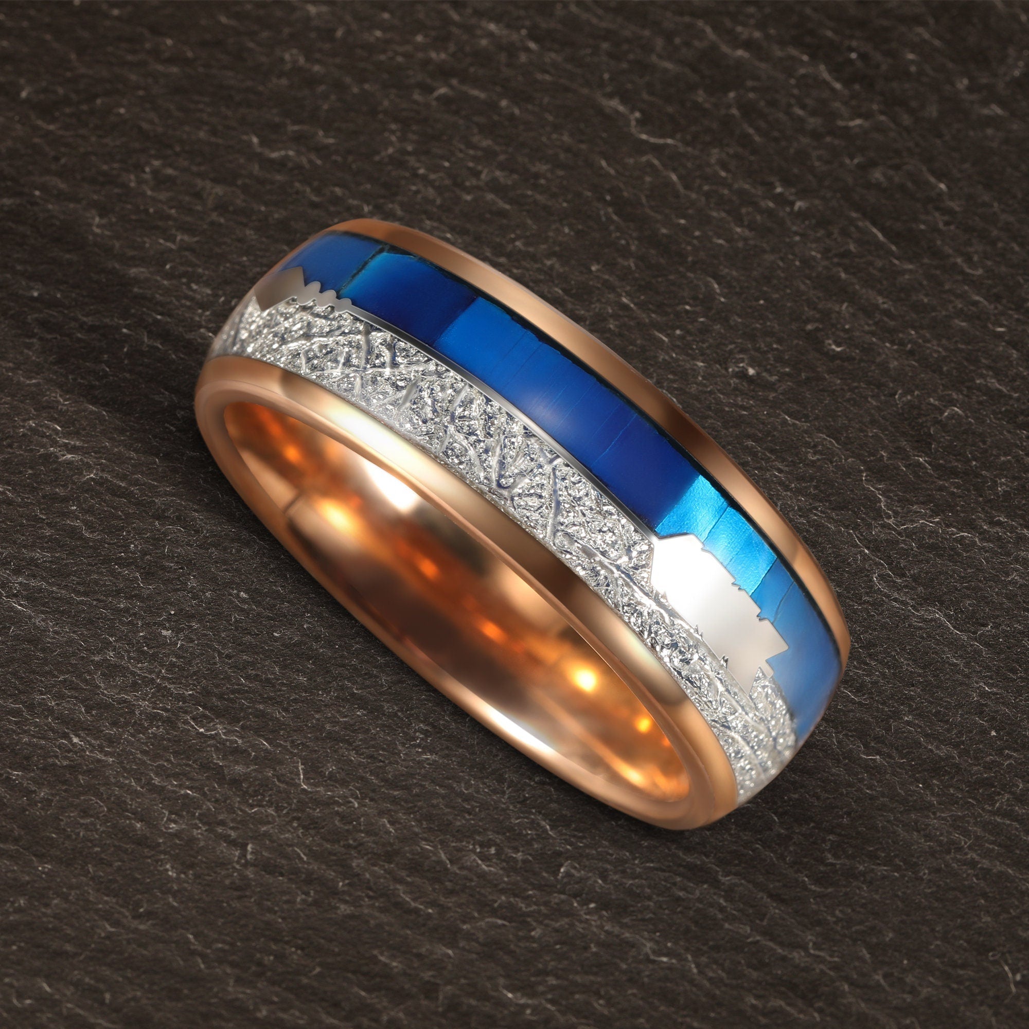 Rose Gold Tungsten Band with Natural Lapis Lazuli & Starry Meteorite Inlay - anerjuly
