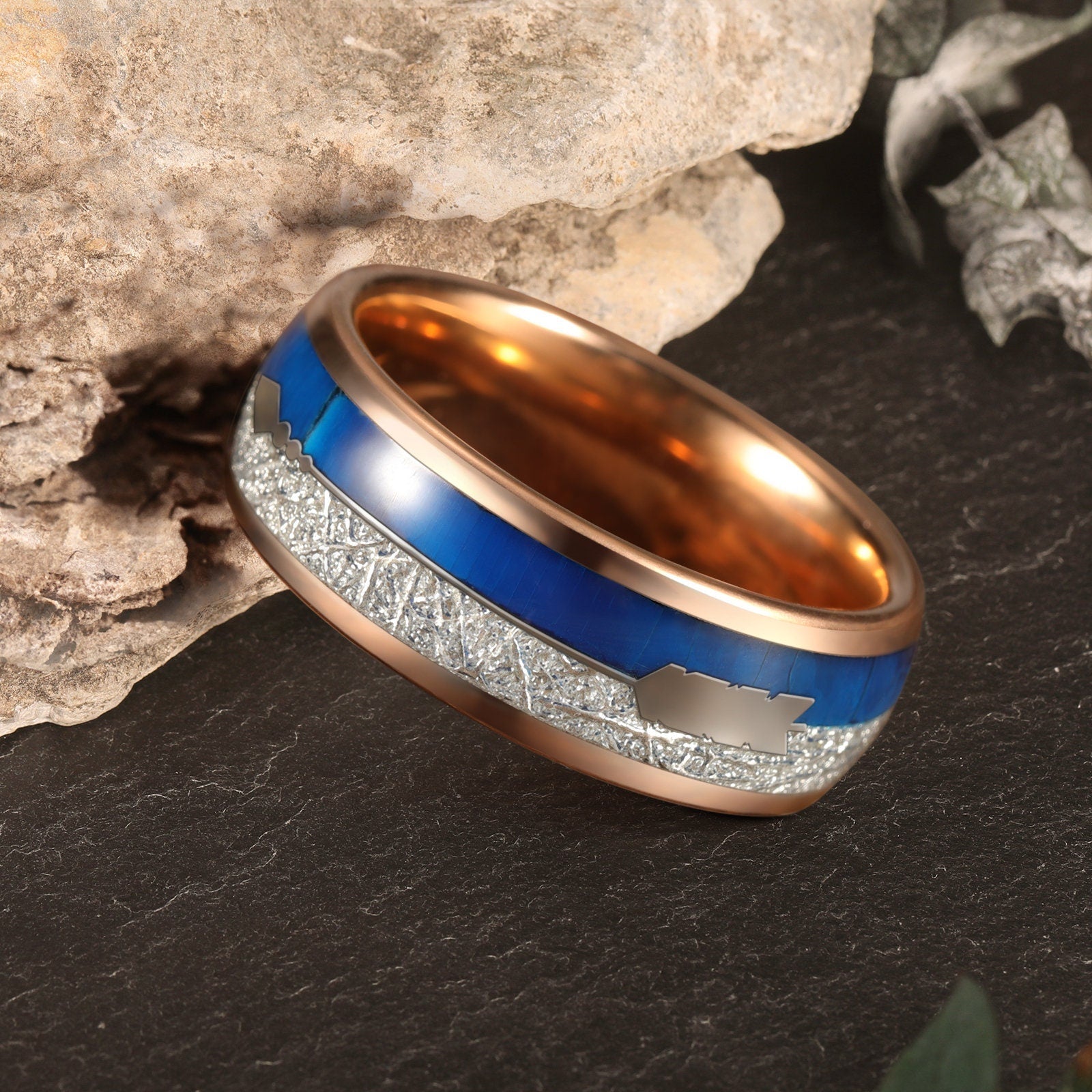 Rose Gold Tungsten Band with Natural Lapis Lazuli & Starry Meteorite Inlay - anerjuly