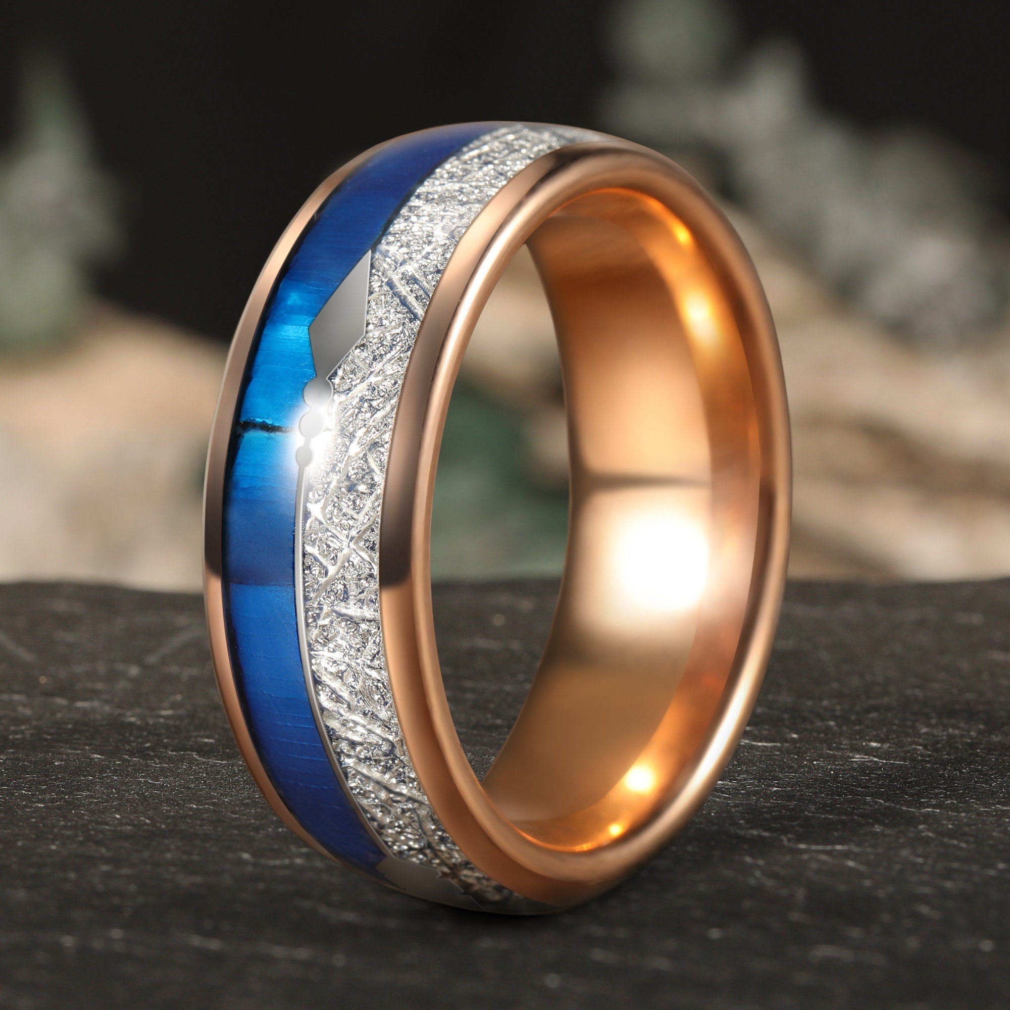 Rose Gold Tungsten Band with Natural Lapis Lazuli & Starry Meteorite Inlay - anerjuly