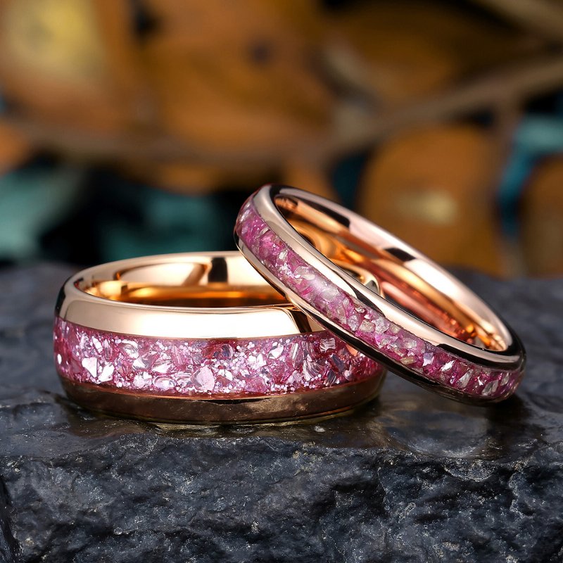 Rose Gold Tungsten Couple Rings with Pink Morganite, Polished Dome Matching Promise Ring Set - anerjuly