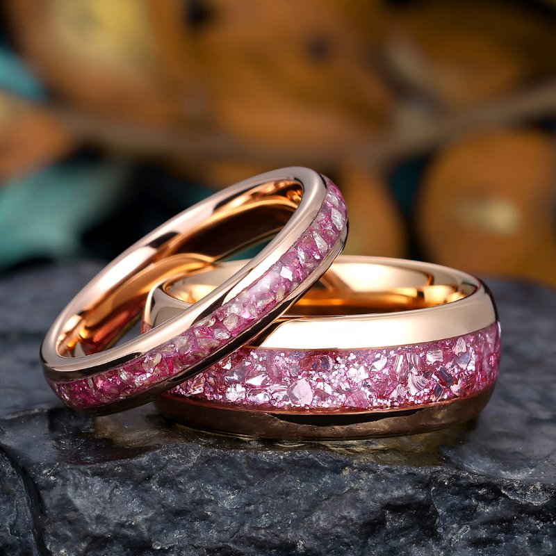 Rose Gold Tungsten Couple Rings with Pink Morganite, Polished Dome Matching Promise Ring Set - anerjuly