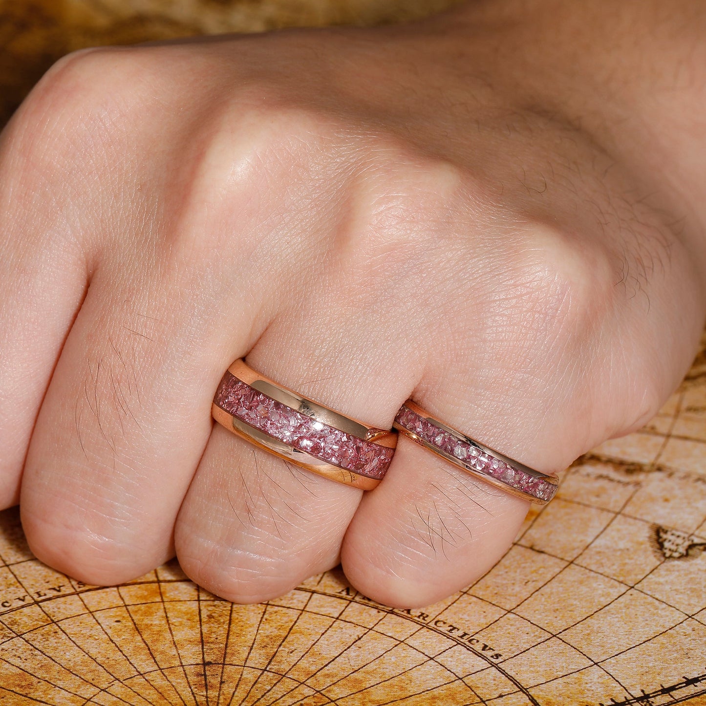 Rose Gold Tungsten Couple Rings with Pink Morganite, Polished Dome Matching Promise Ring Set - anerjuly