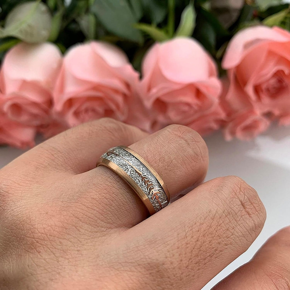 Rose Gold Tungsten Ring with Silver Meteorite Inlay - anerjuly