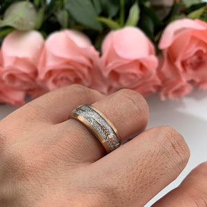 Rose Gold Tungsten Ring with Silver Meteorite Inlay - anerjuly