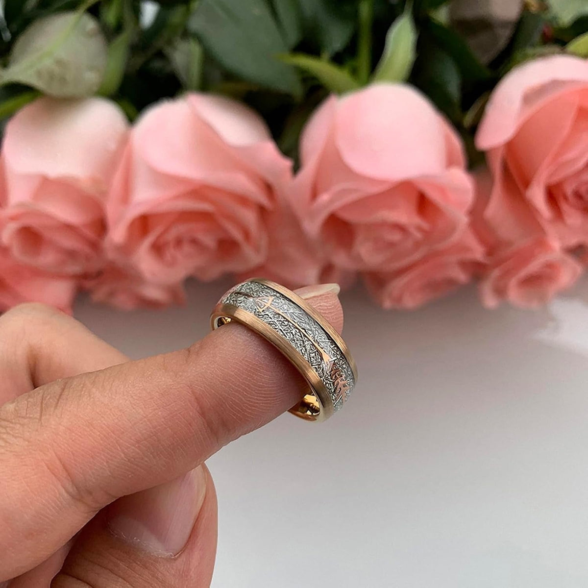 Rose Gold Tungsten Ring with Silver Meteorite Inlay - anerjuly
