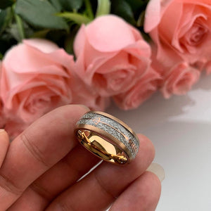 Rose Gold Tungsten Ring with Silver Meteorite Inlay - anerjuly