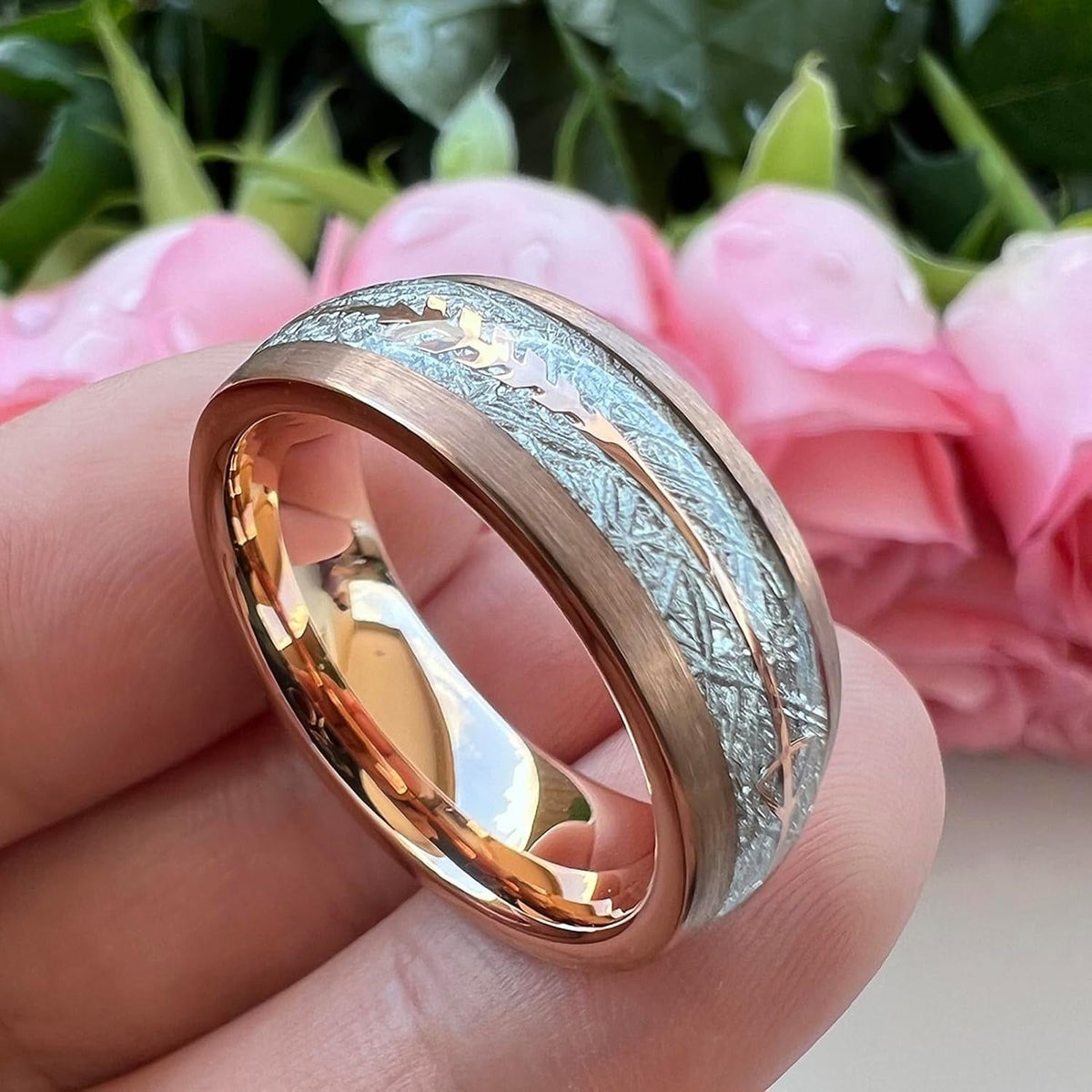 Rose Gold Tungsten Ring with Silver Meteorite Inlay - anerjuly