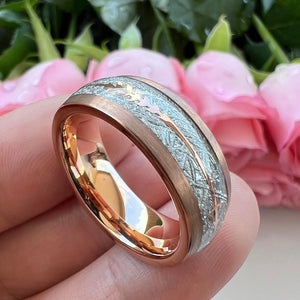 Rose Gold Tungsten Ring with Silver Meteorite Inlay - anerjuly
