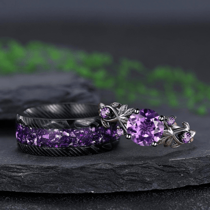 Round amethyst couple ring set tungsten ring his and hers wedding band promise ring - anerjuly