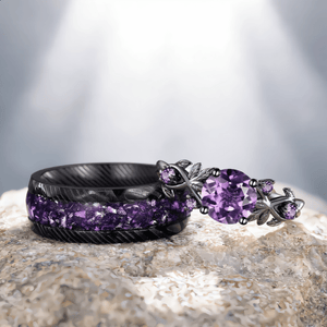 Round amethyst couple ring set tungsten ring his and hers wedding band promise ring - anerjuly