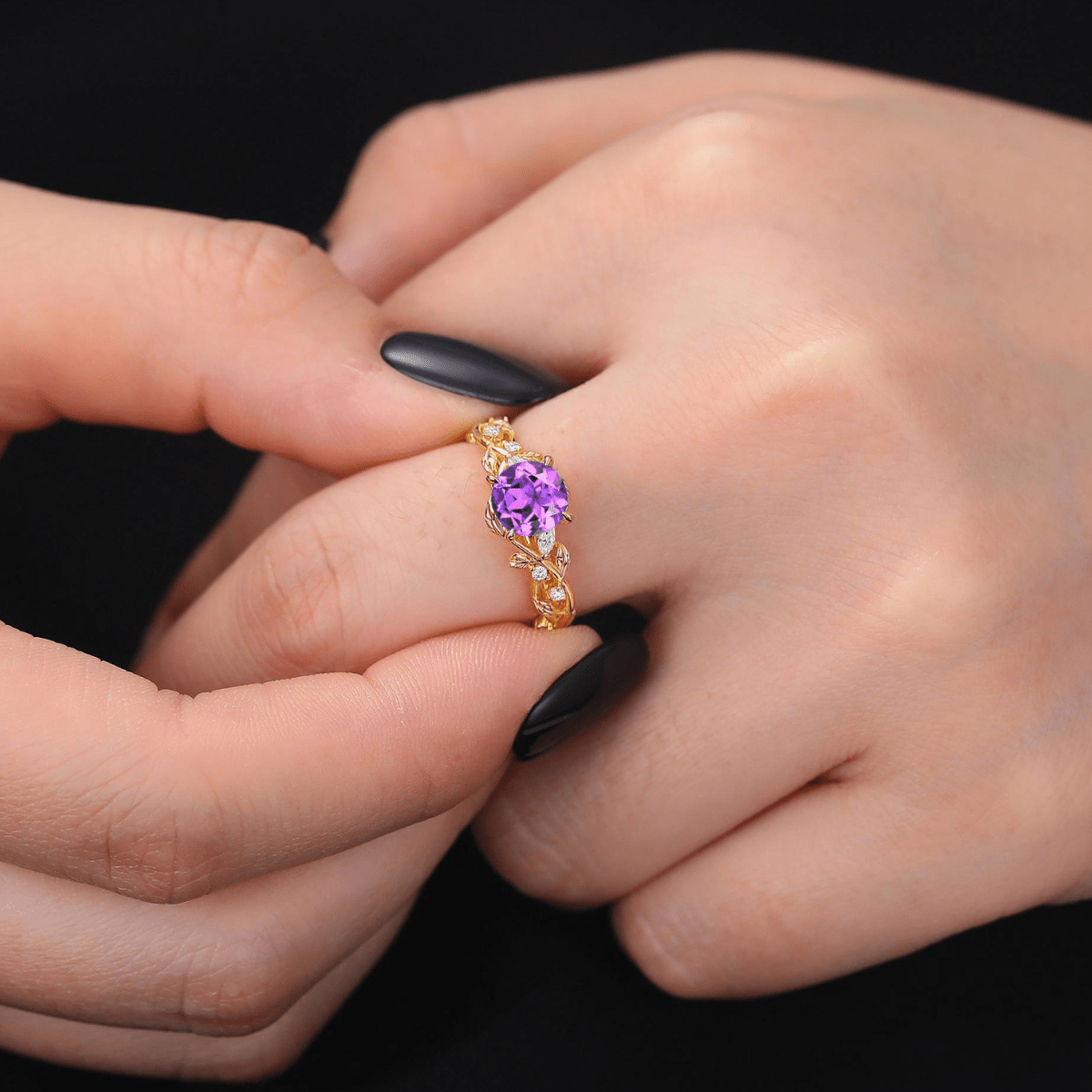 Round Amethyst Engagement Ring Nature Inspired Leaf Twig Ring - anerjuly