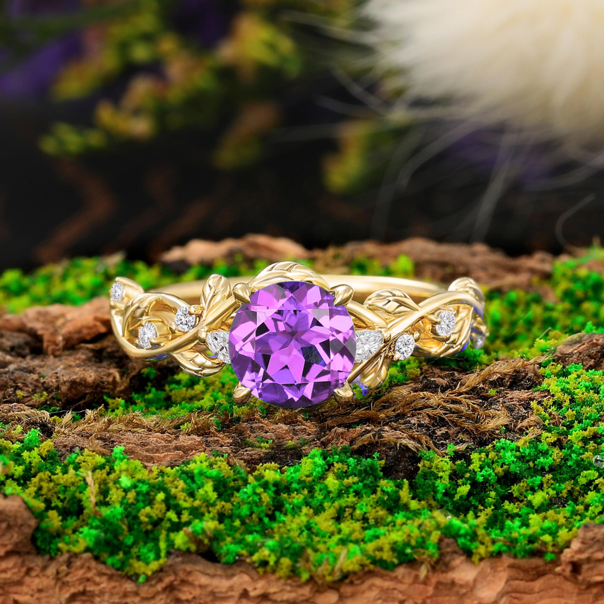 Round Amethyst Engagement Ring Nature Inspired Leaf Twig Ring - anerjuly