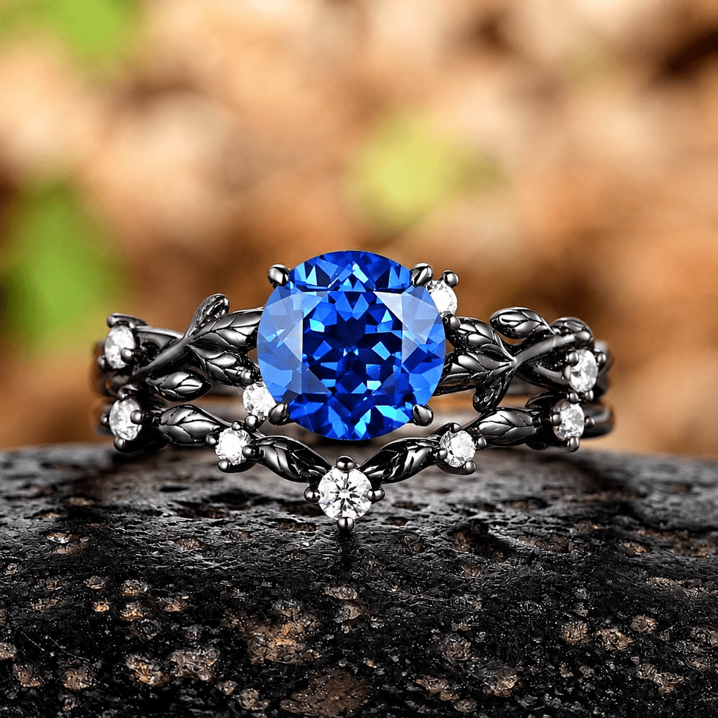 Round Blue Sapphire Engagement Rings Set Leaf Nature Inspired Women Wedding Ring - anerjuly