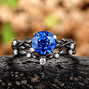 Round Blue Sapphire Engagement Rings Set Leaf Nature Inspired Women Wedding Ring - anerjuly