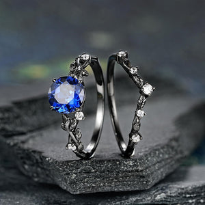 Round Blue Sapphire Engagement Rings Set Leaf Nature Inspired Women Wedding Ring - anerjuly