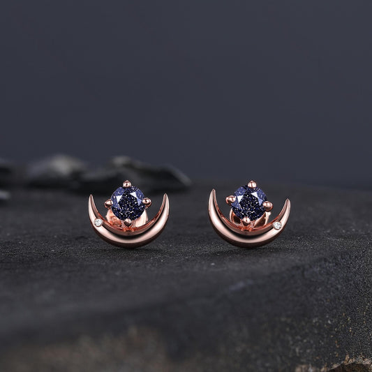 Round Cut Blue Sandstone Earrings Retro Green Stone Earrings Moon Stud Earrings Emerald Earring Christmas gifts for wife Unique Rose Gold Earring - anerjuly