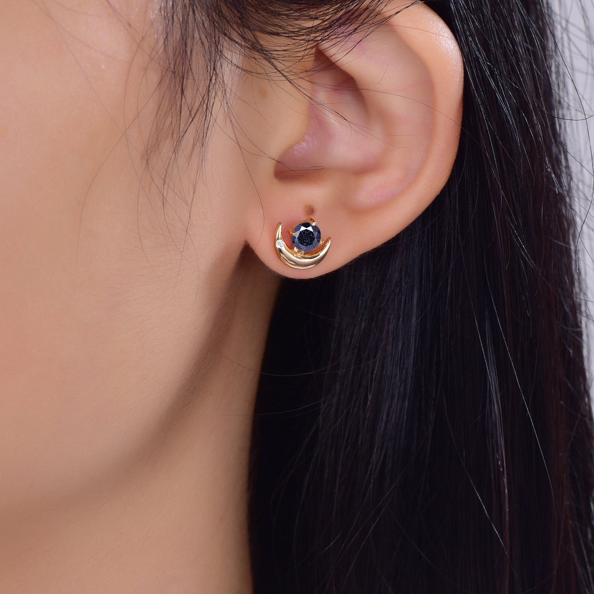 Round Cut Blue Sandstone Earrings Retro Green Stone Earrings Moon Stud Earrings Emerald Earring Christmas gifts for wife Unique Rose Gold Earring - anerjuly
