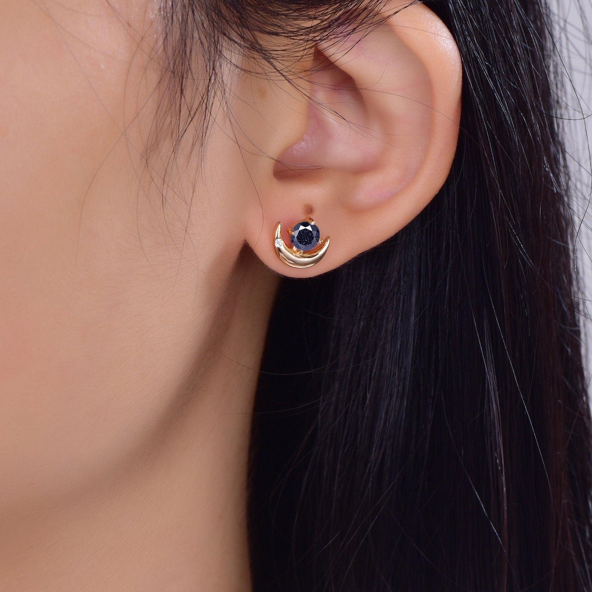 Round Cut Blue Sandstone Earrings Retro Green Stone Earrings Moon Stud Earrings Emerald Earring Christmas gifts for wife Unique Rose Gold Earring - anerjuly