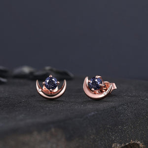 Round Cut Blue Sandstone Earrings Retro Green Stone Earrings Moon Stud Earrings Emerald Earring Christmas gifts for wife Unique Rose Gold Earring - anerjuly