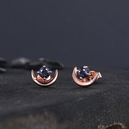 Round Cut Blue Sandstone Earrings Retro Green Stone Earrings Moon Stud Earrings Emerald Earring Christmas gifts for wife Unique Rose Gold Earring - anerjuly