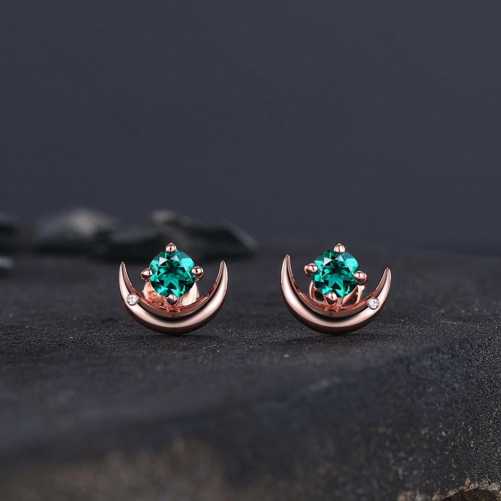 Round Cut Emerald Earrings Retro Green Stone Earrings Moon Stud Earrings Emerald Earring Christmas gifts for wife Unique Rose Gold Earring - anerjuly